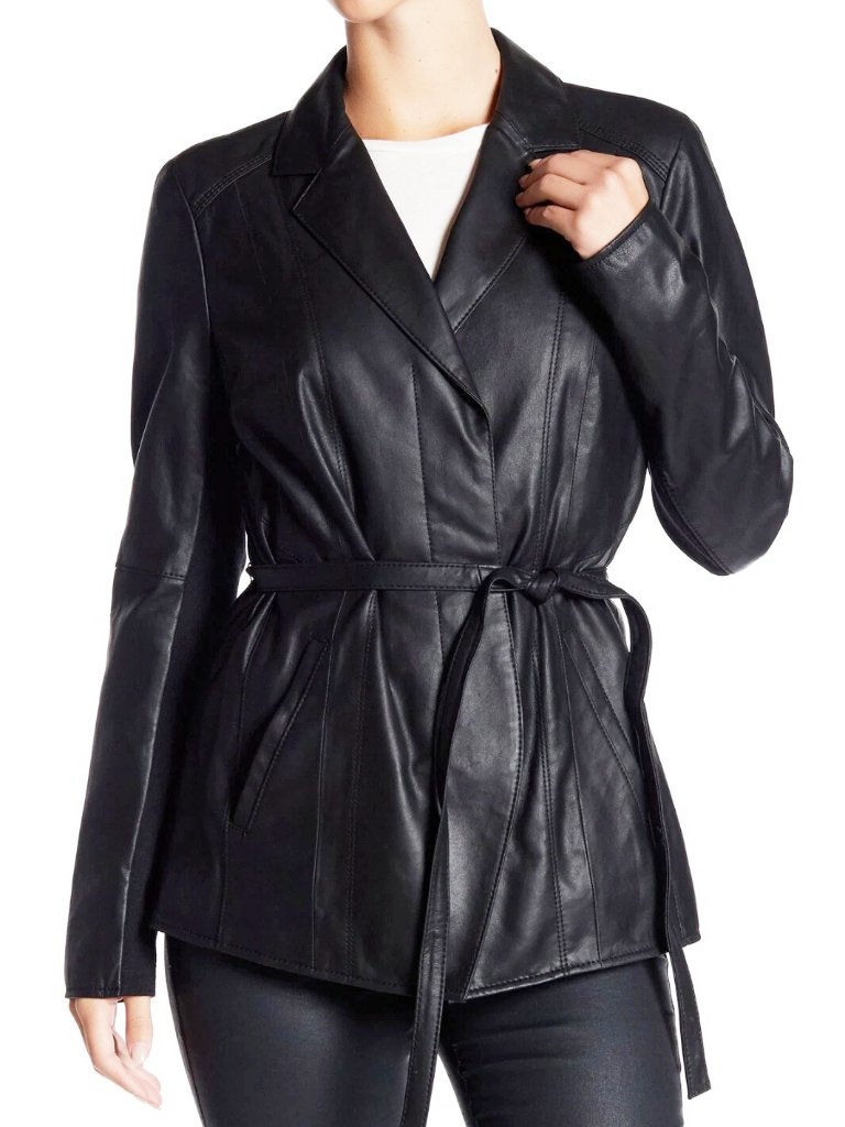 $450+ Andrew Marc Women Farley Belted Luxurious Genunine Leather Jacket Black Xs